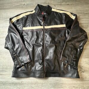 Machine Cafe Racer Jacket Mens Medium Black Faux Leather Cream Stripe Biker Moto